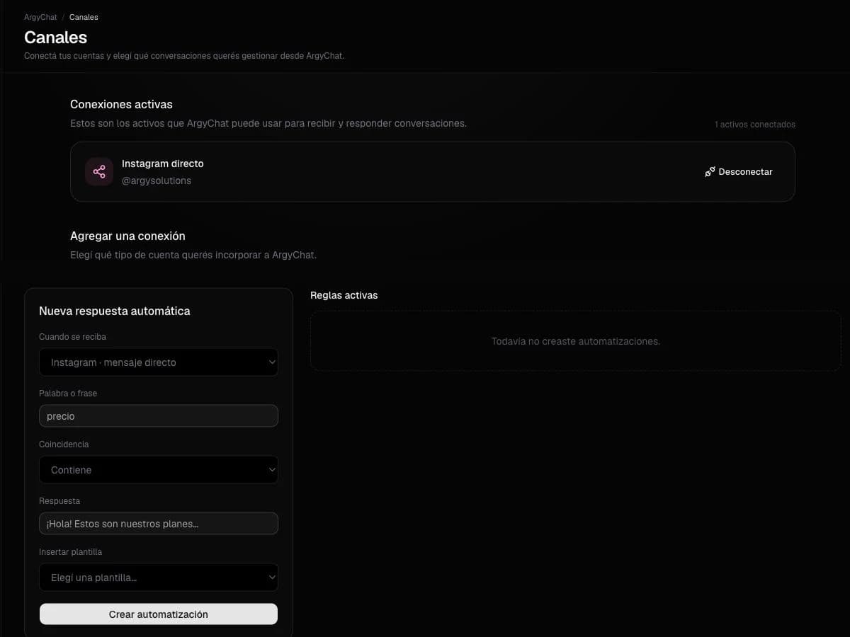 Bandeja y automatizaciones para mensajes de Instagram en ArgyChat